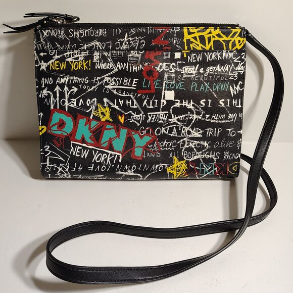 DKNY Black Graffiti Streetwear Y2K Graphic Crossbody Bag Retro New York - Picture 1 of 9